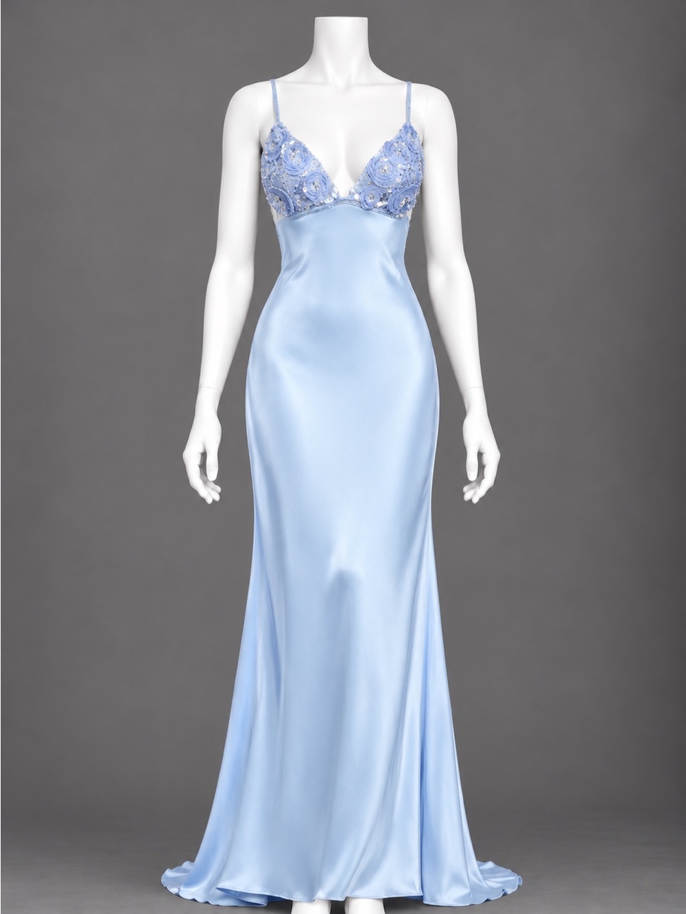 Retrofete Light Blue Satin Slip Gown with Lace Bodice - Picture 2 of 4